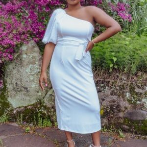 Pure White One Shoulder Midi Dress